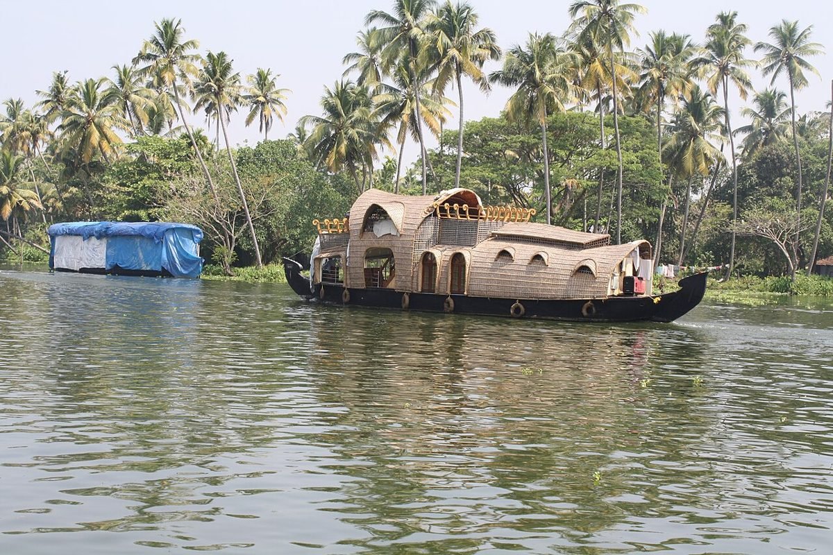 Several large houseboats cruising together on Vembanad Lake