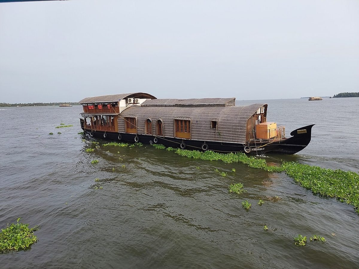 Kerala family houseboat cruising past water hyacinth on Vembanad Lake