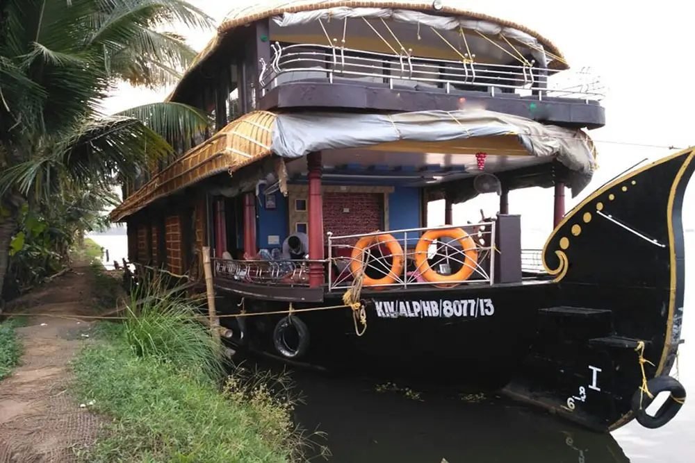 Kandankary Kalari deluxe 7 bedroom double-deck houseboat moored by palm trees